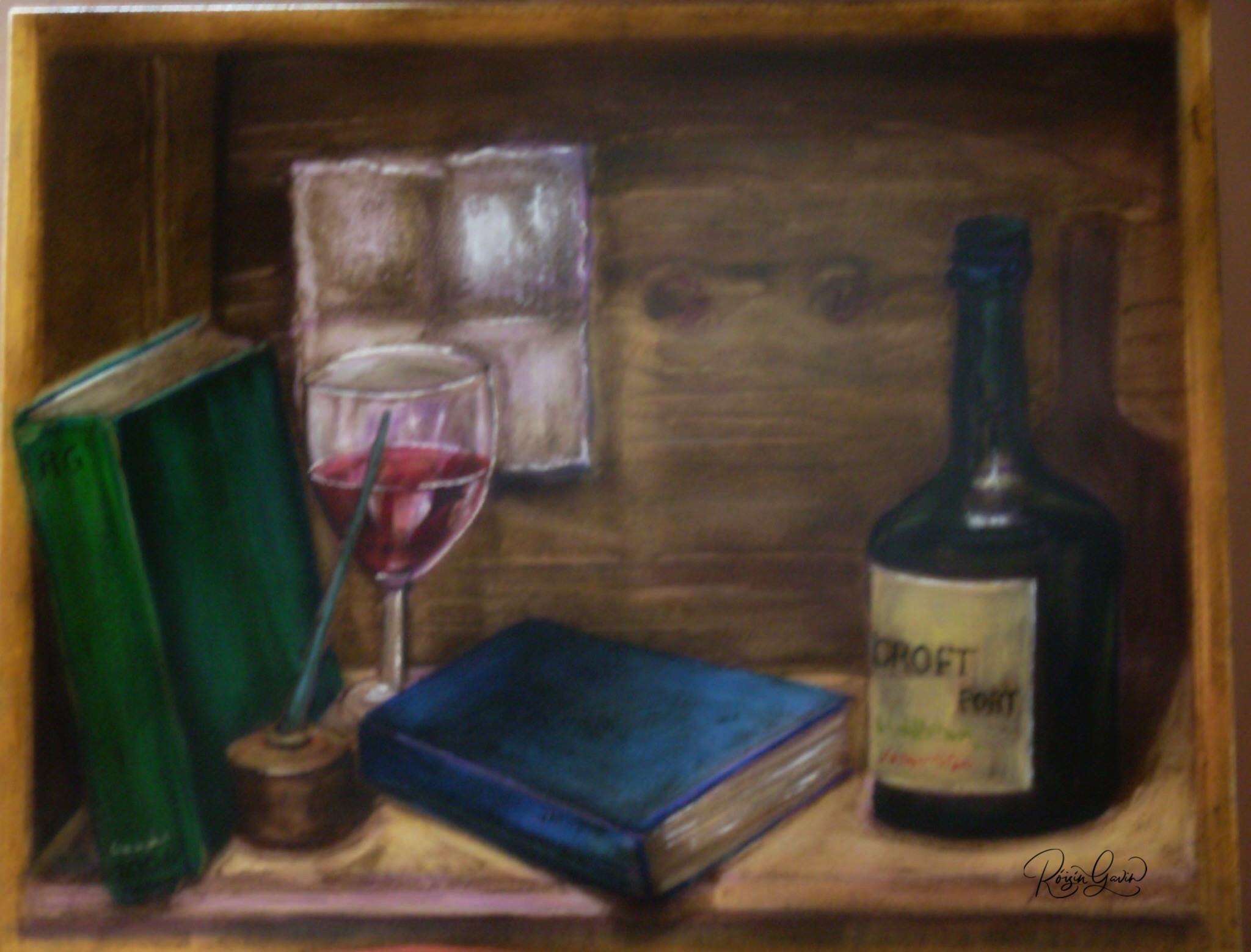Books bottle and pen oilpainting